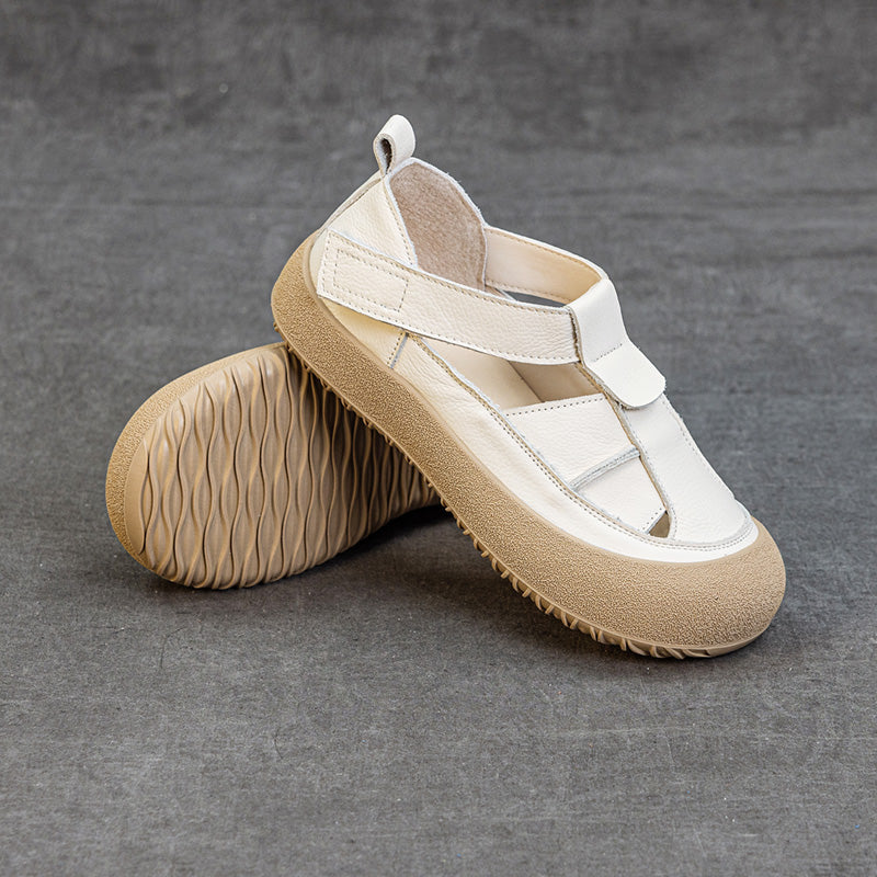 Womens Retro Woven Leather Fisherman Sandals Velcro Closed Toe Platform Walking Shoes