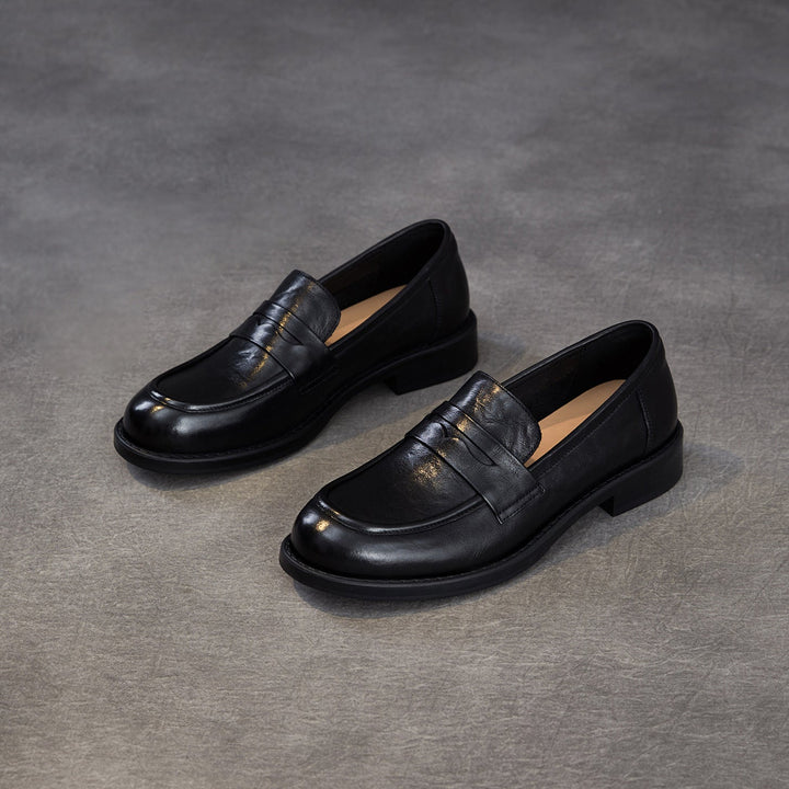Women's Genuine Leather Penny Loafers Vintage Slip-on Round Toe Low Heel Shoes