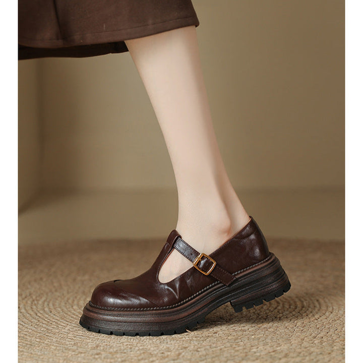 T-Buckle Platform Leather Comfortable Low Heel Women's Shoes