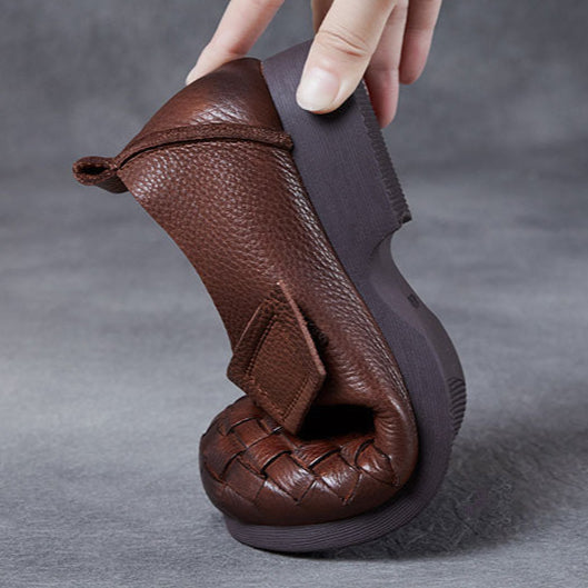 Women's Woven Leather Wide Toe Low Heel Velcro Casual Shoes