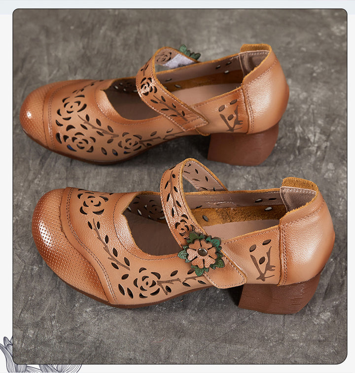 Women's Shoes Retro Summer Leather Sandals Hollowed Out Chunky Heeled