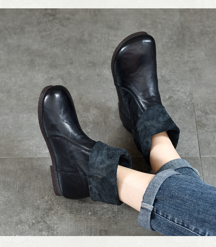 Women's Leather Round-Toe Calf Boots – Casual Comfortable Shoes