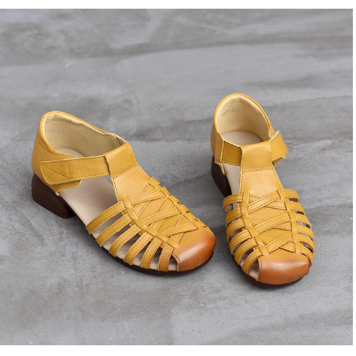 Women's Leather Fisherman Sandals - Closed Toe Woven Strappy Gladiator Sandals Low Block Heel
