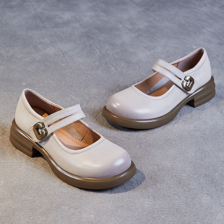 Women's Soft Leather Mary Janes – Round Toe Low Heel with Adjustable Velcro