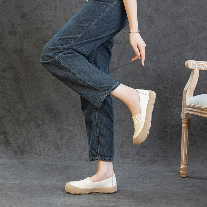 Womens Casual Leather Slip-on Loafers Closed Toe Platform Walking Shoes Anti-Collision