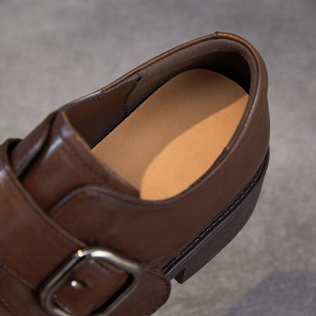 Women's Genuine Leather Chunky Platform Monk Strap Loafers Vintage Brogue Slip-on Shoes