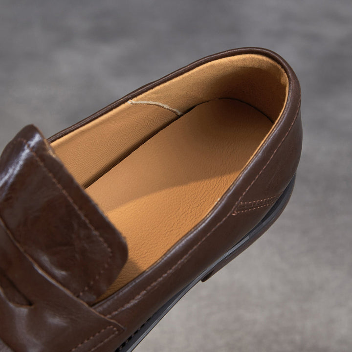Women's Genuine Leather Penny Loafers Vintage Slip-on Round Toe Low Heel Shoes