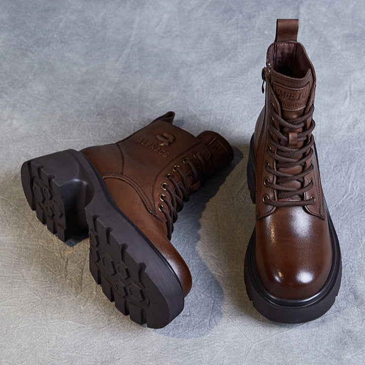 Women's Genuine Leather Lightweight Ankle Boots – Platform Chunky Heel