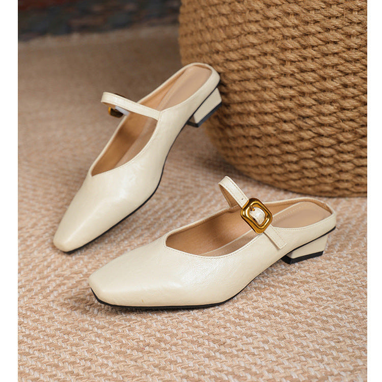 Women's Mary Jane Mules - Square Toe Gold Buckle Low Kitten Heel Slides