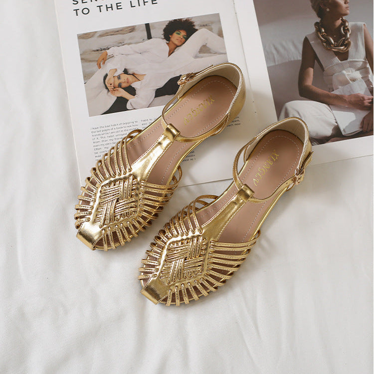 Women's Retro Gladiator Sandals T-Strap Woven Mary Jane Summer Lightweight Flats