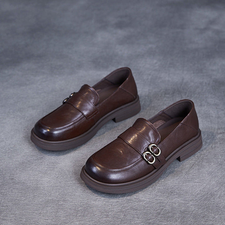 Women’s Leather Slip-On Loafers – Vintage British Low Heel