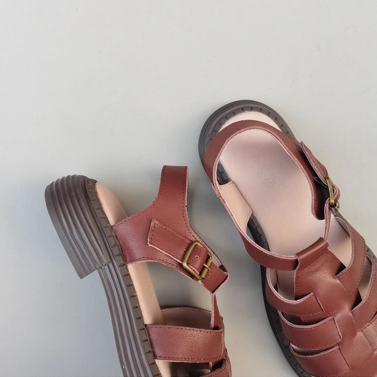 Women's Genuine Leather Wide-Toe Woven Sandals – Casual Style for Summer