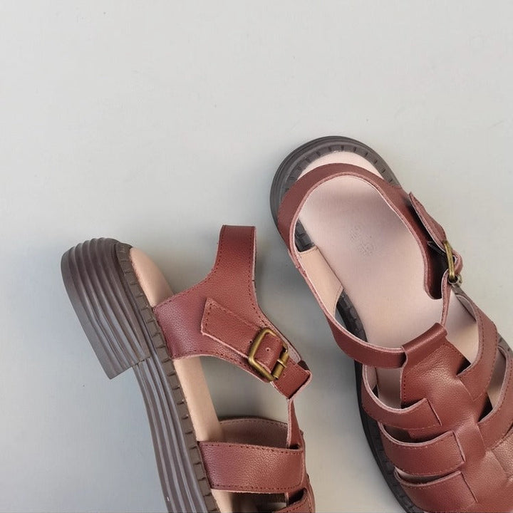 Women's Genuine Leather Wide-Toe Woven Sandals – Casual Style for Summer