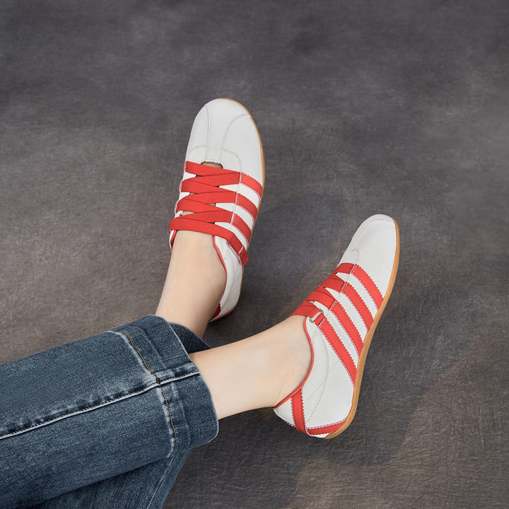 Women's Retro Cowhide Sneakers Vintage Round Toe Strappy Velcro Driving Flats