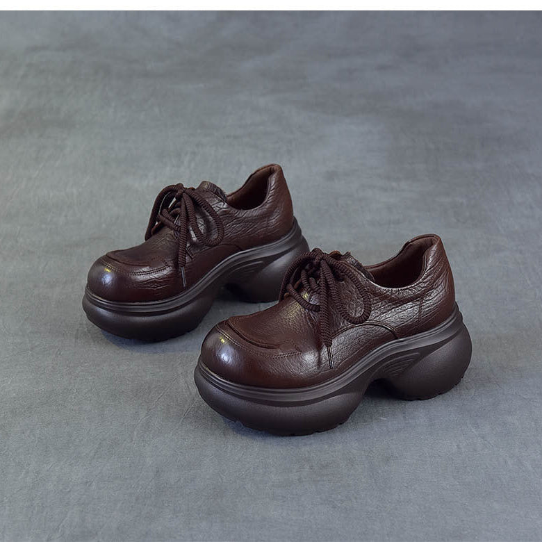Women's Chunky Platform Oxford Shoes Top-Grain Leather Lace Up Wedge Loafers