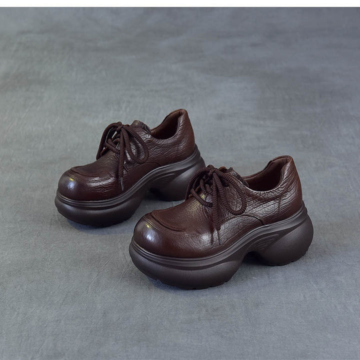 Women's Chunky Platform Oxford Shoes Top-Grain Leather Lace Up Wedge Loafers
