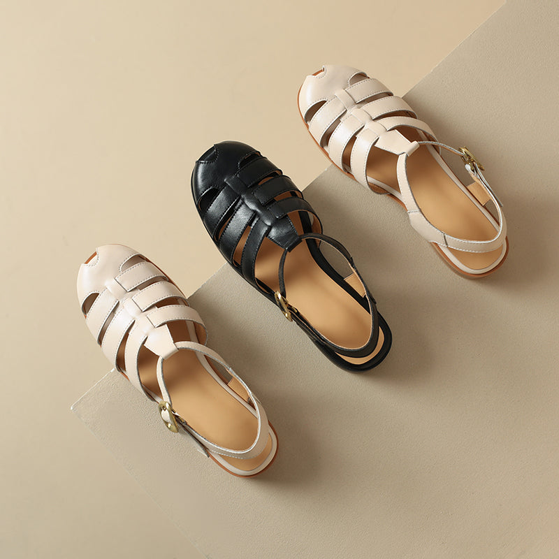 Women's Leather Fisherman Sandals - Round Toe T-Strap Summer Flats