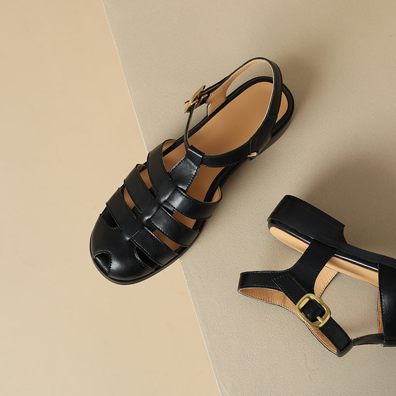 Women's Leather Fisherman Sandals - Round Toe T-Strap Summer Flats