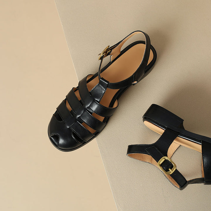 Women's Leather Fisherman Sandals - Round Toe T-Strap Summer Flats