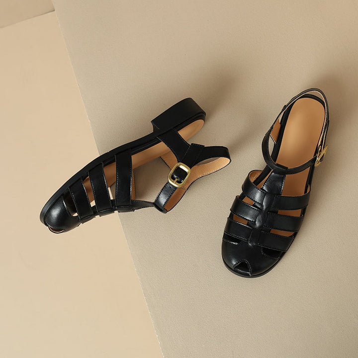 Women's Leather Fisherman Sandals - Round Toe T-Strap Summer Flats