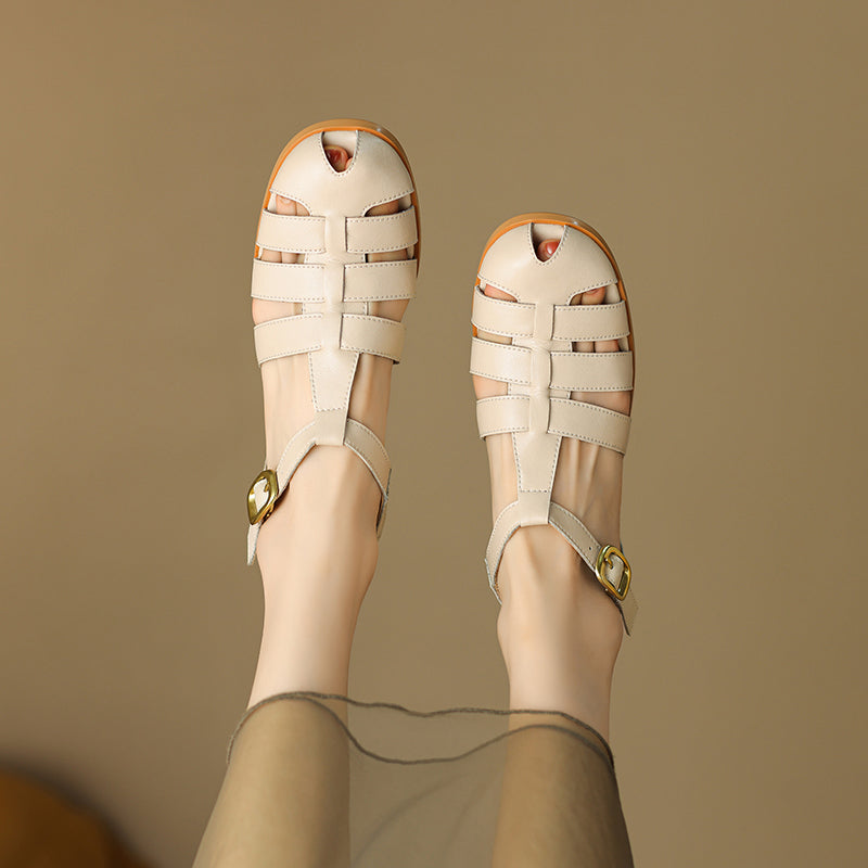 Women's Leather Fisherman Sandals - Round Toe T-Strap Summer Flats