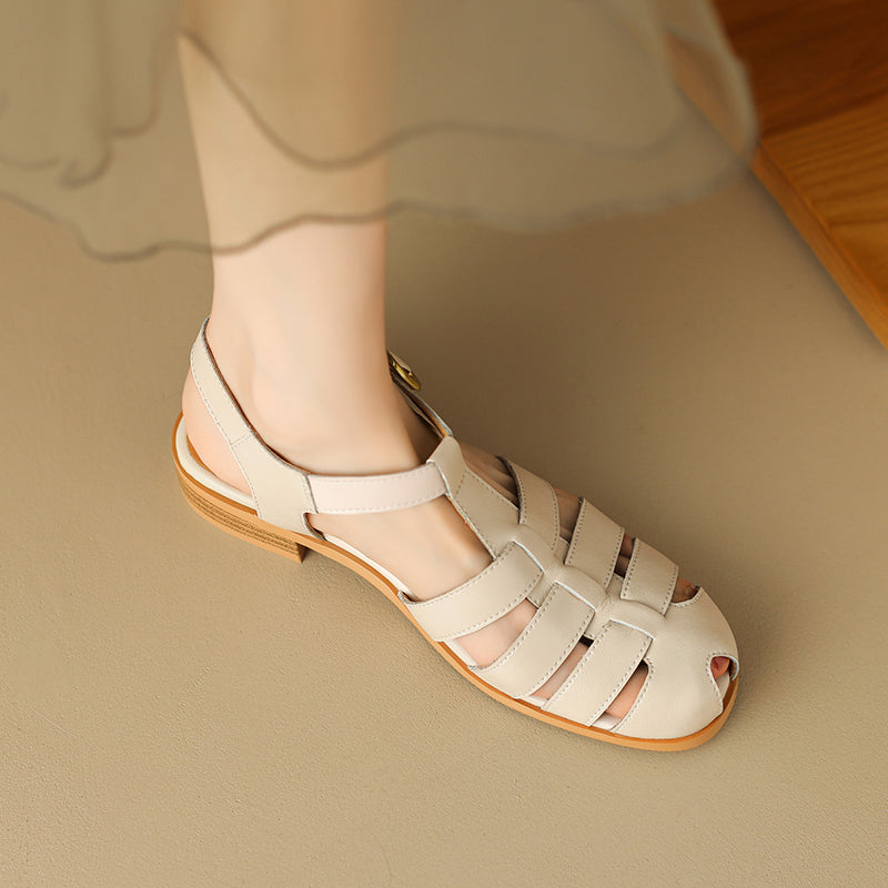 Women's Leather Fisherman Sandals - Round Toe T-Strap Summer Flats