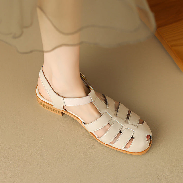 Women's Leather Fisherman Sandals - Round Toe T-Strap Summer Flats