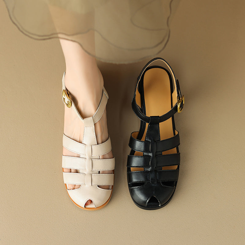 Women's Leather Fisherman Sandals - Round Toe T-Strap Summer Flats