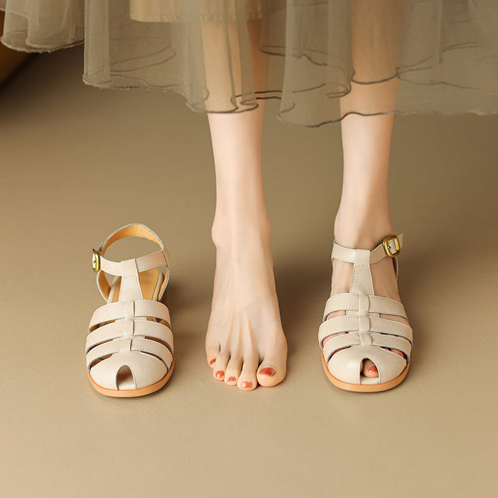 Women's Leather Fisherman Sandals - Round Toe T-Strap Summer Flats