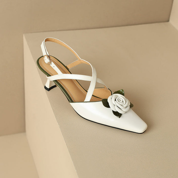 Women's Handmade Leather Elegant Stereoscopic Flower Cross Strap Mid Heel Sandals