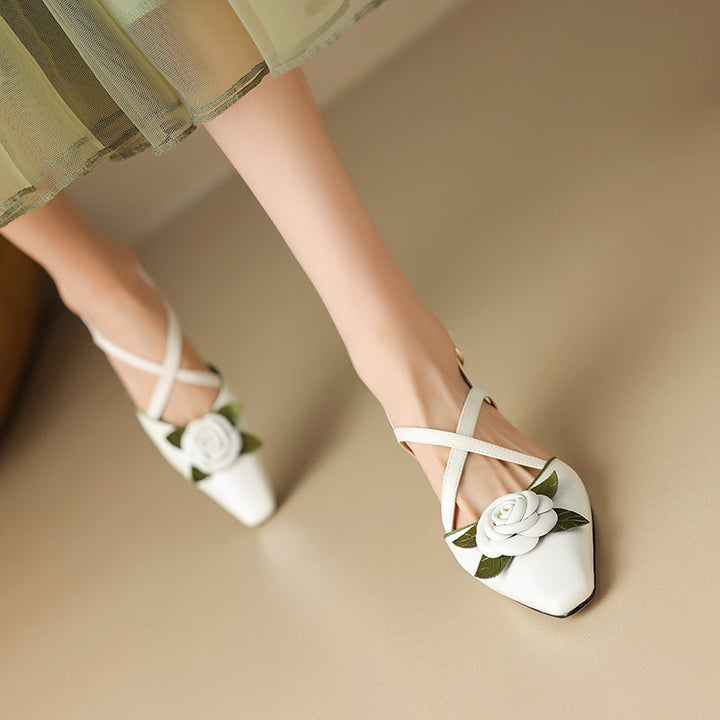 Women's Handmade Leather Elegant Stereoscopic Flower Cross Strap Mid Heel Sandals