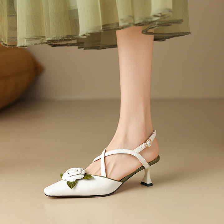 Women's Handmade Leather Elegant Stereoscopic Flower Cross Strap Mid Heel Sandals
