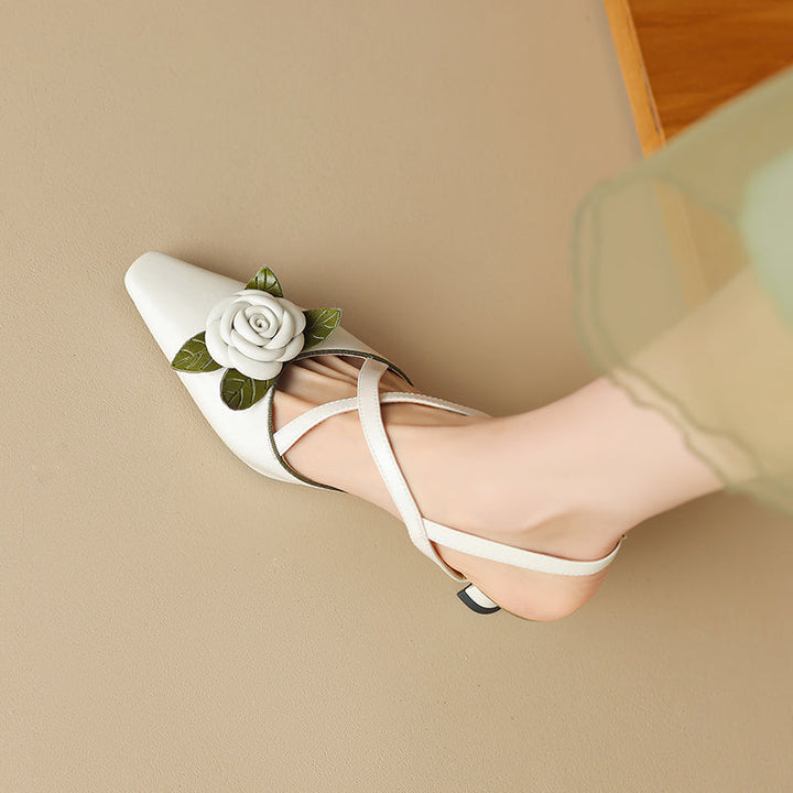 Women's Handmade Leather Elegant Stereoscopic Flower Cross Strap Mid Heel Sandals