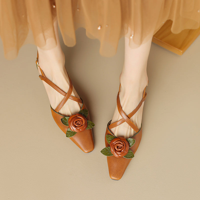 Women's Handmade Leather Elegant Stereoscopic Flower Cross Strap Mid Heel Sandals