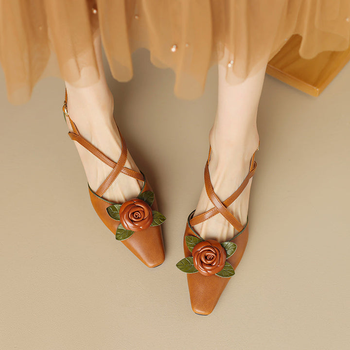 Women's Handmade Leather Elegant Stereoscopic Flower Cross Strap Mid Heel Sandals