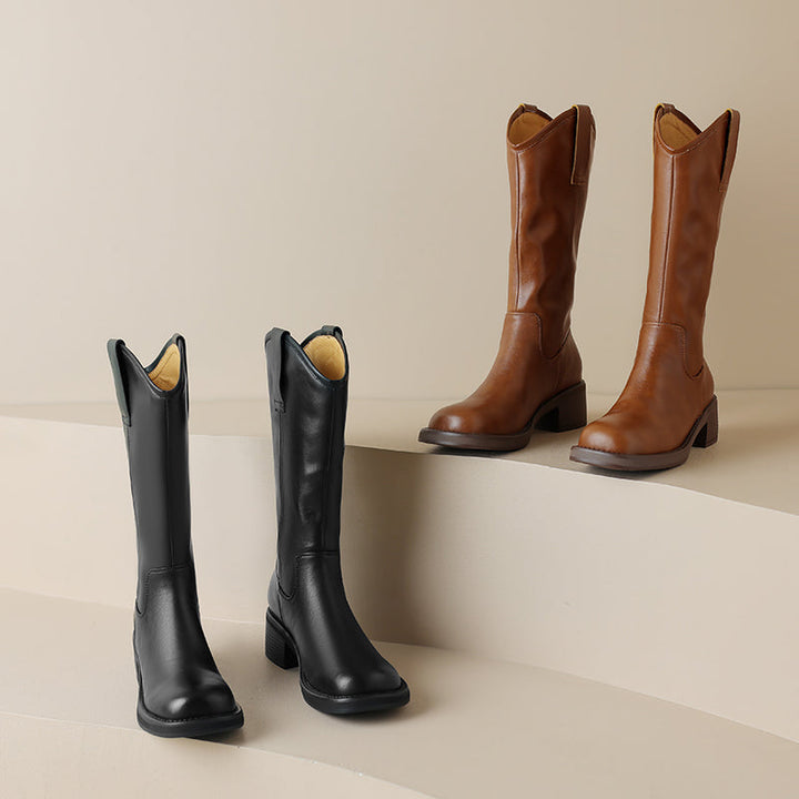 Cowhide Leather Square Toe Low Block Heel Boots for Women – Slip-On Calf Design