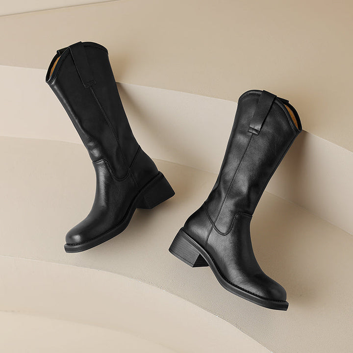 Cowhide Leather Square Toe Low Block Heel Boots for Women – Slip-On Calf Design