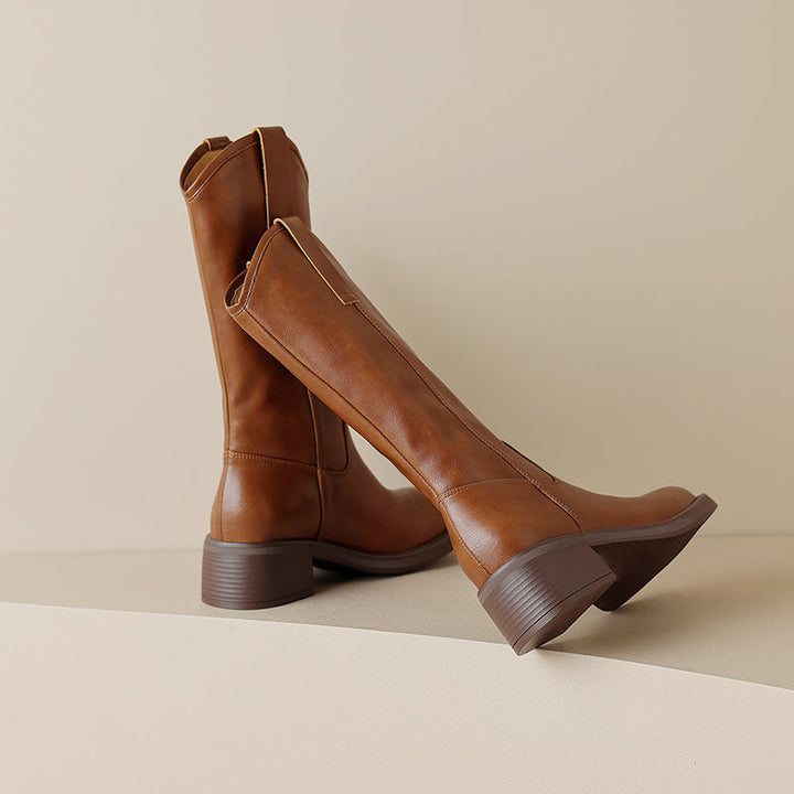 Cowhide Leather Square Toe Low Block Heel Boots for Women – Slip-On Calf Design