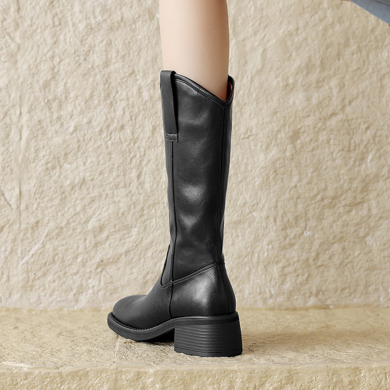 Cowhide Leather Square Toe Low Block Heel Boots for Women – Slip-On Calf Design
