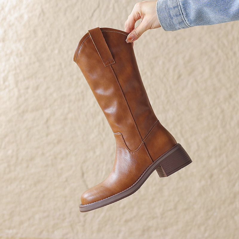 Cowhide Leather Square Toe Low Block Heel Boots for Women – Slip-On Calf Design