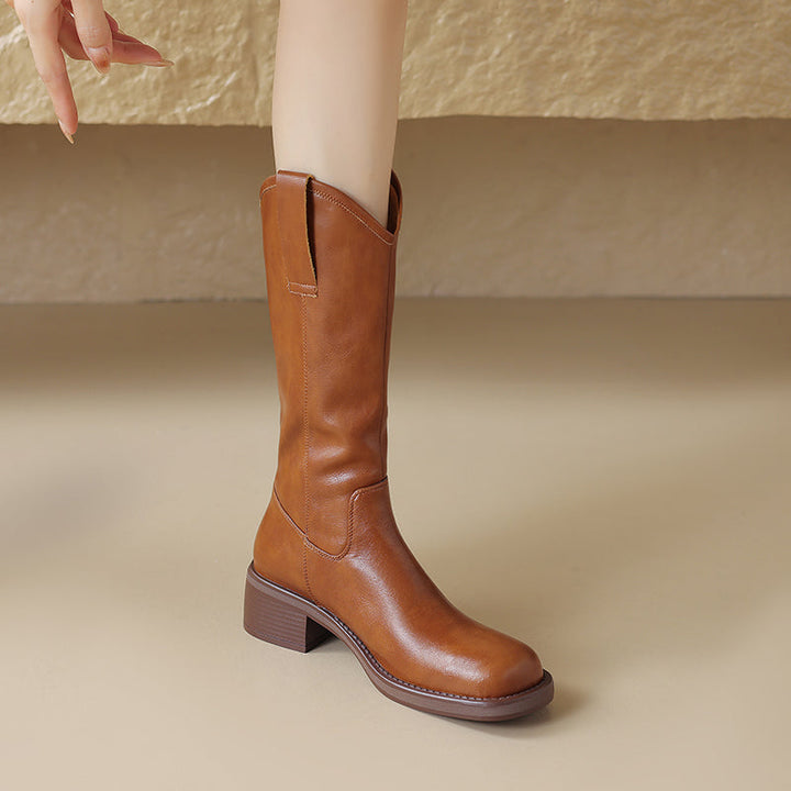 Cowhide Leather Square Toe Low Block Heel Boots for Women – Slip-On Calf Design
