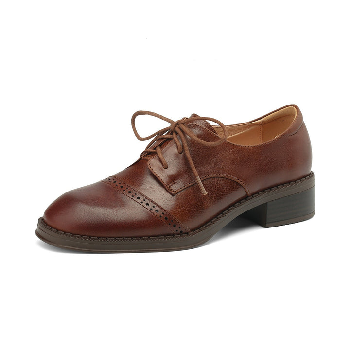Women's Retro Cowhide Oxfords Round Toe Lace-up Cap Toe Brogue Low Block Heel Shoes