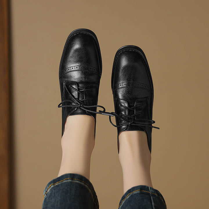 Women's Retro Cowhide Oxfords Round Toe Lace-up Cap Toe Brogue Low Block Heel Shoes