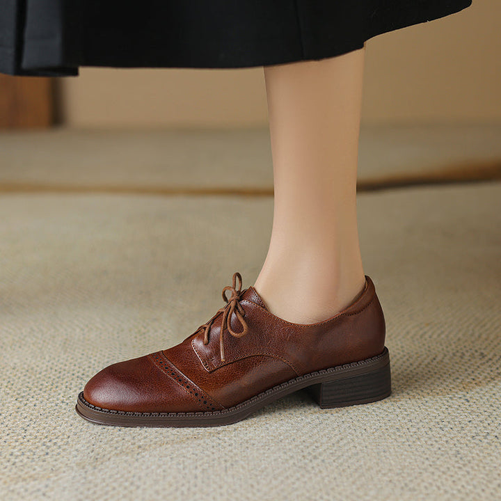 Women's Retro Cowhide Oxfords Round Toe Lace-up Cap Toe Brogue Low Block Heel Shoes