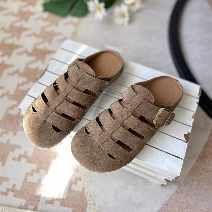 Women's Suede Round Toe Hollowed Out Casual Buckle Mule