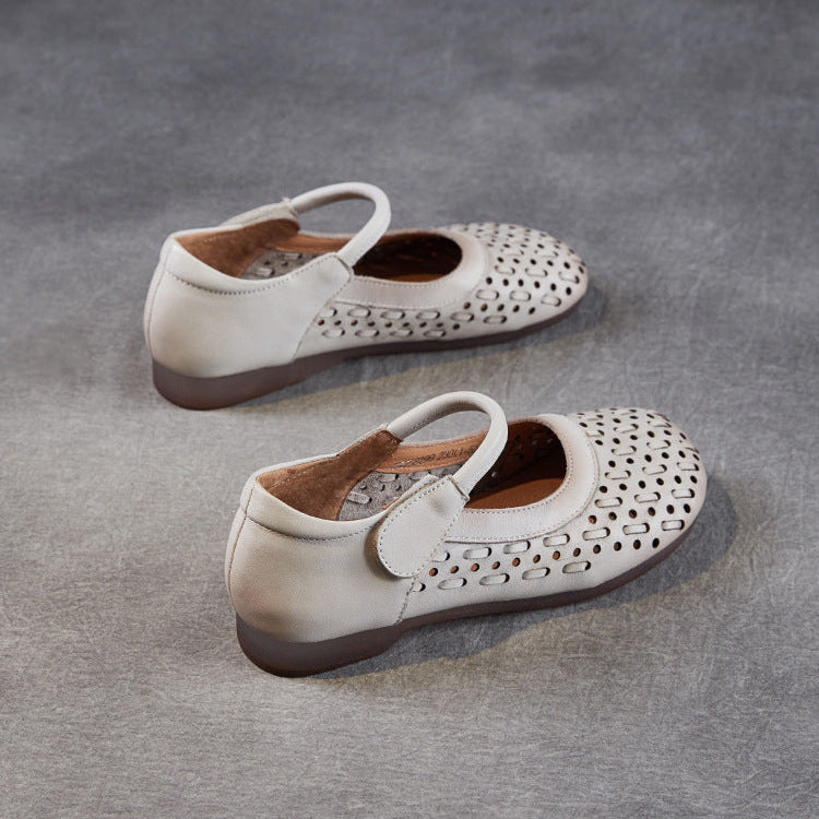 Women's Leather Mary Jane Sandals - Vintage Perforated Cut-Out Closed Round Toe Flat Shoes with Velcro