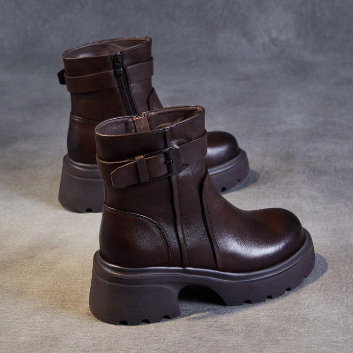 Women's Stylish Genuine Leather Platform Boots – Chunky Heel, Buckle & Side Zip