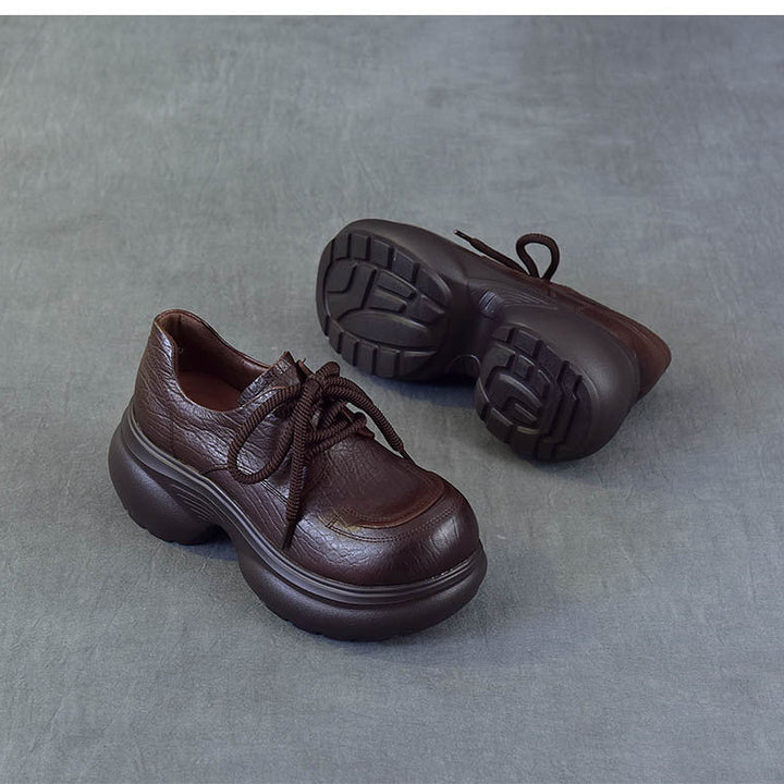 Women's Chunky Platform Oxford Shoes Top-Grain Leather Lace Up Wedge Loafers