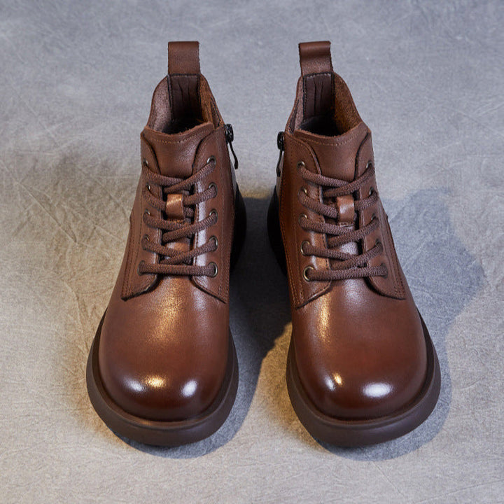Women's Genuine Leather Casual Ankle Boots – Round Toe with Side Zipper