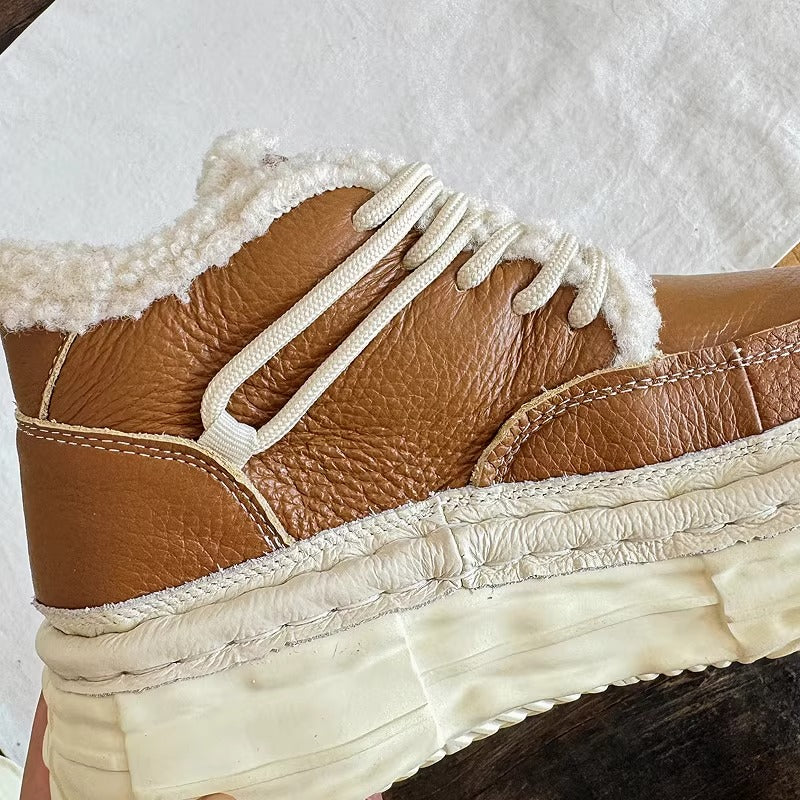 Women's Winter Chunky Leather Lace-Up Shoes – Fleece-Lined & Ugly-Cute Design
